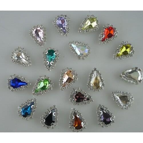 Clothing applique sew hole water drop faceted 8x13mm glass crystal around clear rhinestones silver cup flat back 100pcs 11colors