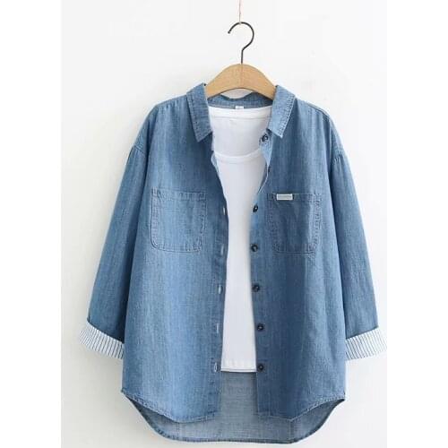 2021 New Leisure Denim Shirt Fall Women Blue Button Shirts Women Long Sleeve Tops Boyfriend Style Streetwear