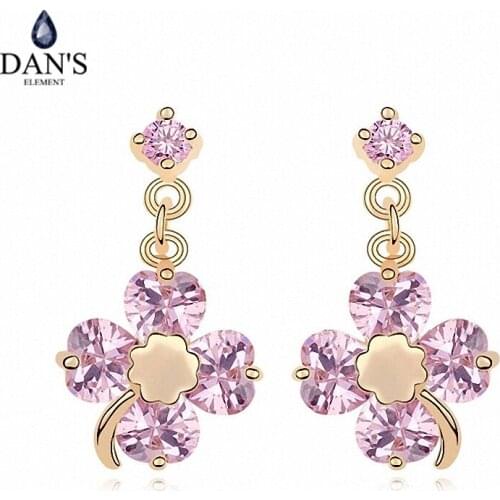 DANS ELEMENT New Sales Genuine Austrian Crystal Champagne Gold Color Flower Earrings For Women Valentines Gift 101233pink