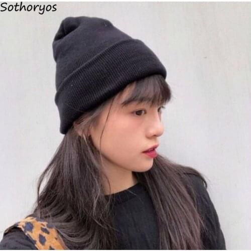 Beanies Women Solid Knitted Students Simple Caps Skullies Hats Leisure High Street Harajuku Chic Ins Teens Warm Winter Fashion