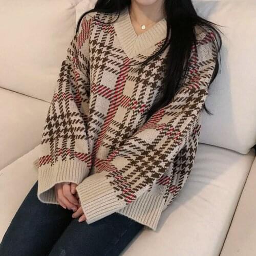 Womens sweater v-neck long-sleeved contrast autumn winter jersey mujer christmas sweater knitting pull femme nouveaute 2019 new