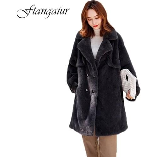 Ftangaiur 2021 Winter Import Velvet Mink Fur Coat Women Turn-Down Collar Double-Breasted Medium Natural Real Mink Fur Coats