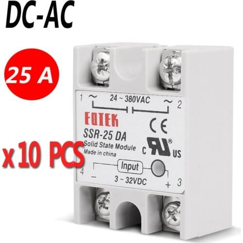 10pcs /lot DC-AC 25A Solid State Relay Single Phase SSR Relay Module SSR-25DA 3-32V DC Input