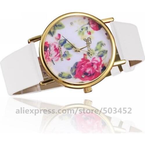 100pcs/lot Leather Strap Geneva Watch Rose Flower Ladies Watch Plum Blossom Chrysanthemum Rose Lily Flowers Design