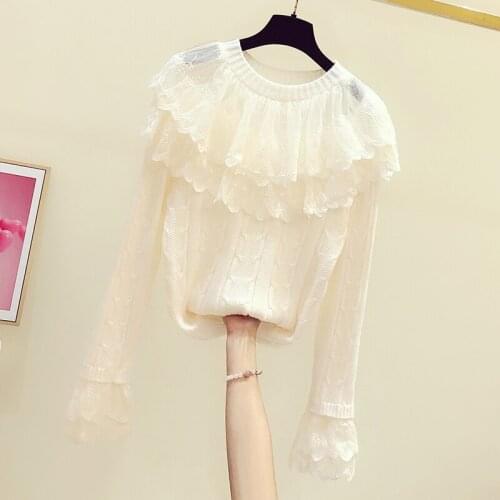 2020 New Autumn and Winter Tops Korean Knitted Shirt Sweet Lace Ruffled Doll Collar Bell Sleeve Sweaters Womens Casual Knitwear