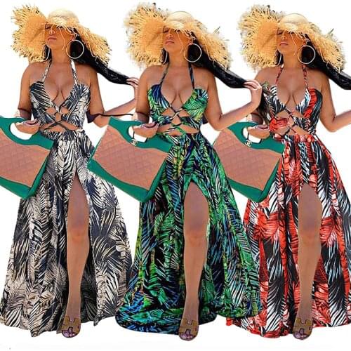 Stigende Women Bohemian Palm Leaf Maxi Dress Sexy High Split Summer Beach Halter Dress Casual Sleeveless Bandage Long Dress S-XL