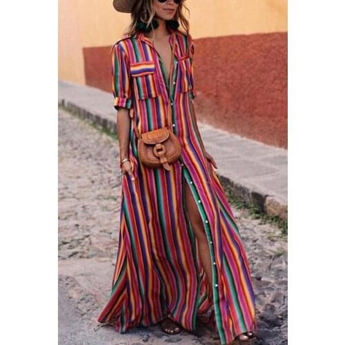 2021 Plus Size Runway Dress Summer Women Dress Long Maxi Dresses Bohemian BOHO Short Sleeve Beach Rainbow Striped Shirt Dress