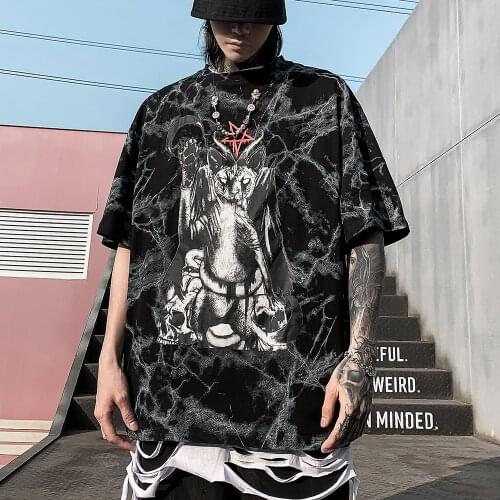 Punk Rock Men T Shirt Streetwear Hip Hop Oversized Black Cat Graphic Tees Men Goth Clothes Tshirt Summer Fashion 2020 Tops