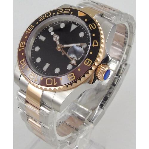 40MM Brand Root Beer Rose Gold Automatic Men Watch Sapphire Glass GMT Hand Date Window Mental Strap Ceramic Bezel