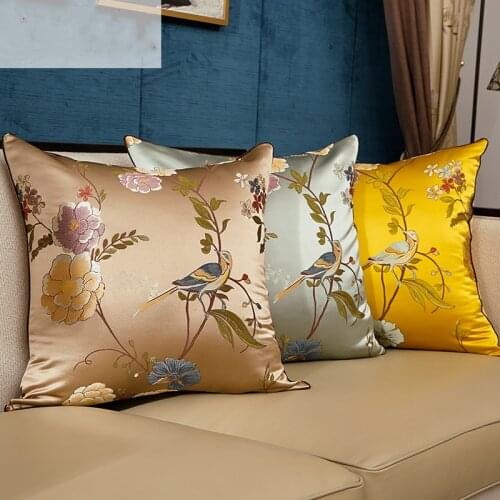 Chinese style embroidered bird flowers cushion cover pillowcase sofa lumbar classical satin vinrage pillow cover