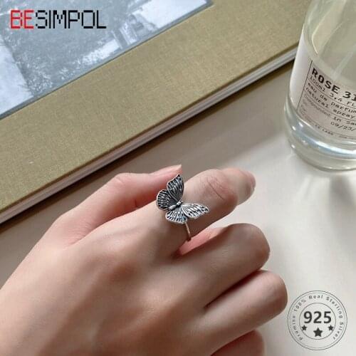 Besimpol Real 925 Sterling Silver Ring Unique Butterfly Simple Opening Adjustable Ring for Women Fashion Fine Jewelry Gifts