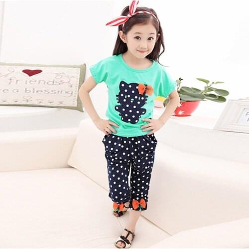 2019 summer kids clothes sets girls Short sleeve+Haren pants Suit Elastic force polka Dot Cropped Trousers baby tees tops cats