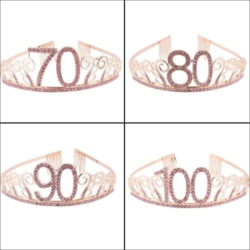 Pink Rhinestone 70 80 90 100 Birthday Party Tiara Crown for Women Happy 70th 80th 90th 100th Birthday Party Decoration Supplies