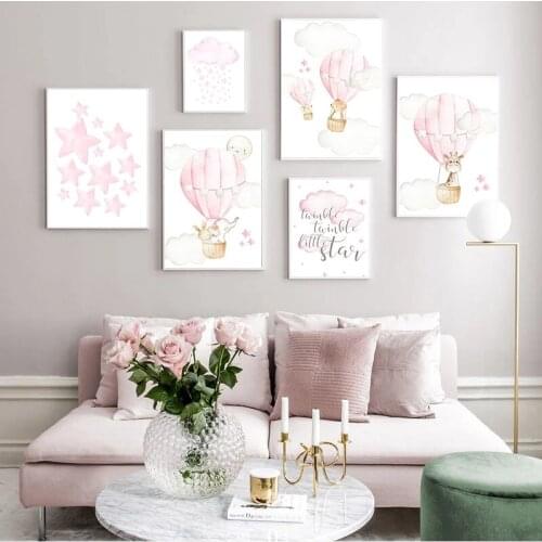 Baby Kindergarten Girl Wall Art Canvas Poster Pink Balloon Animal Travel Painting Nordic Kids Children Bedroom Decoration Painti