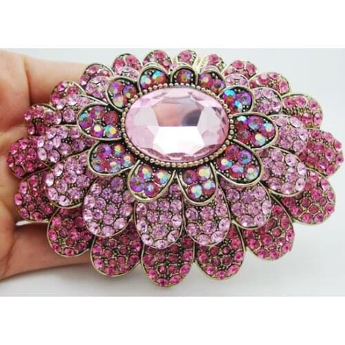 New Fashion Sweet Pink Multilevel Flower Rhinestone Crystal Gold-Tone Large Brooch Pin