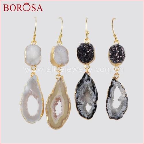 BOROSA 5Pairs Wholesale Gold Color Light/Black Druzy & Onyx Druzy Slice Dangle Earrings, 2018 New Drusy Drop Earrings G1471