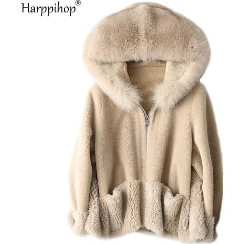 Harppihop Real sheep fur coat jacket overcoat womens winter warm genuine fur coats overcoat