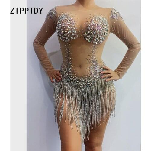Shining AB Rhinestones Tassel Mesh Bodysuit Birthday Celebrate Transparent Outfit Evening Dance Female Singer Clothes