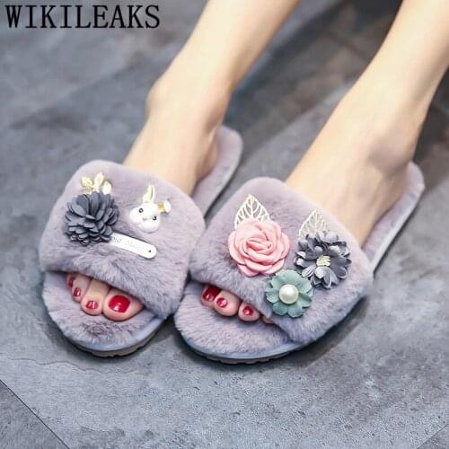 Fluffy slippers cute home slippers fashion fur slides Flowers indoor slippers flat designer spring plush slippers buty damskie