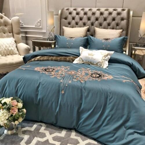 Luxury Blue Royal 100S Egyptian cotton Embroidery Bedding sets Queen King Wedding Duvet cover Bed sheet set Pillowcases 4/6pc