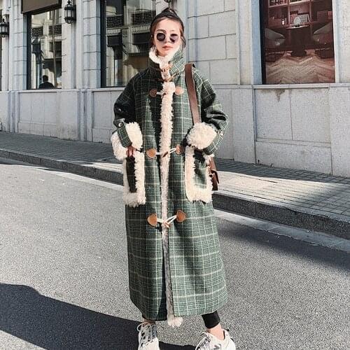 Lamb wool stitching Green plaid British style over knee all-match fashion warm single-breasted winter woolen coat women fashion