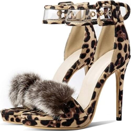 Sexy Leopard Print Shoes Women High Heel Platform Sandals Ladies Stiletto Heel Ankle Strap Party Summer Shoes Big Size 44 45 46