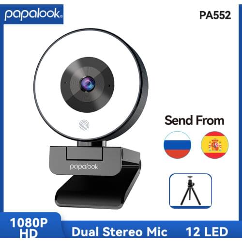 PAPALOOK Live Streaming Webcam with Ring Light, FHD 1080P 30FPS Fixed Focus USB Web Camera Dual MIC/Tripod for Twitch, Xbox