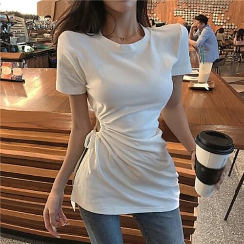 Spring/Summer new Side Hollowed-out Draw String Irregular Package Buttock Fashion Set Head Womens Wear Short-sleeved T-shirts