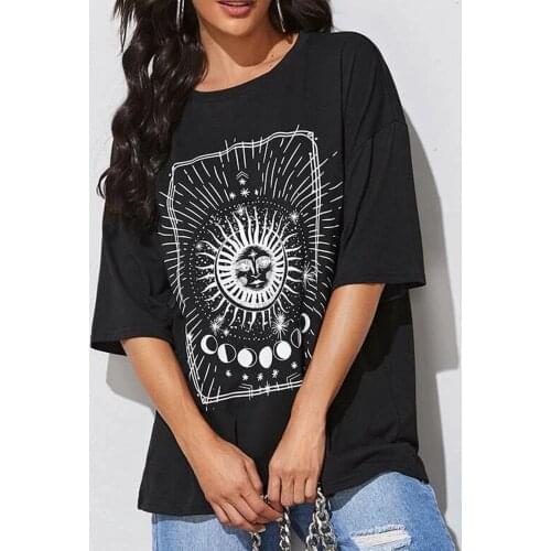NSSD Ladies Sun Moon Print T-shirt Top Ladies Casual Short Sleeve T-shirt Top O-neck Loose T-shirt Top Womens Fashion Clothing