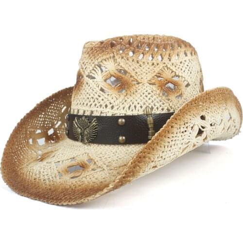 2019 Handmade Straw Women Hollow Western Cowboy Hat Lady Punk Brand Sombrero Hombre Beach Cowgirl Jazz Sun Hat Size 56-58CM