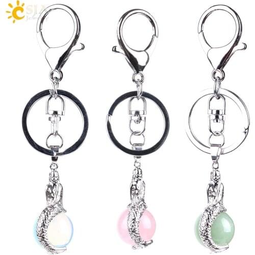 CSJA Sexy Mermaid Keychains for Ladies Natural Gem Stone Pendant Opal Tiger Eye Pink Quartz Key Ring Buckle New Years Gift E822