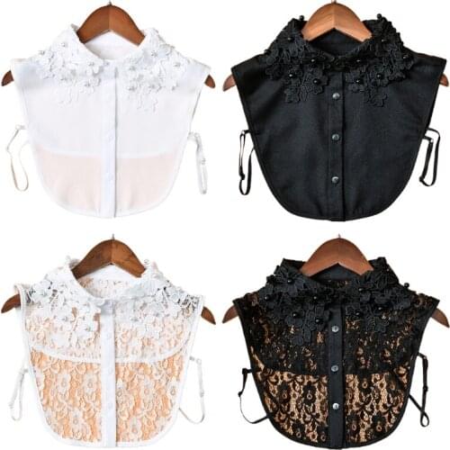 Women Decorative False Fake Collar Imitation Pearl Beading Hollow Out Floral Lapel Half Shirt Detachable Dickey Necklace