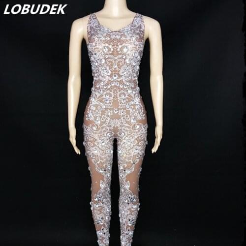 Women Lace Pattern Printed Rhinestones Sleeveless Jumpsuit Bar Club Party Prom Stretch Leotard Singer Nightclub Stage Costume