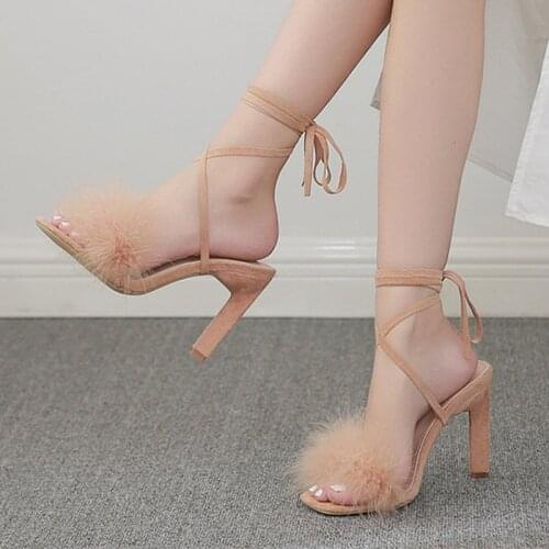 2021 Summer New Cross Tied High Heels Sandals Ladies Short Plush Decoration Fashion Shoes Female Elegant Party Footwear Size 42