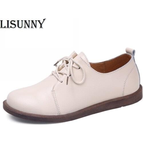Woman Rubber Flats 2020 Retro Genuine Leather Shoes Autumn Womens Shoes Female Lace-Up Casual Brogue Zapatos De Mujer