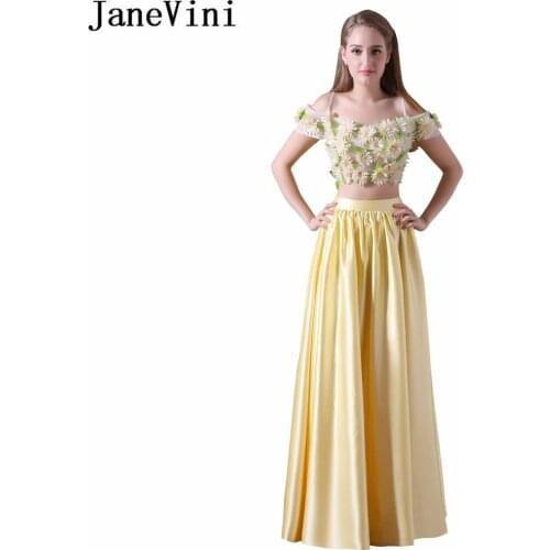 JaneVini Yellow 3D Flowers Girls Prom Dress 2 Pieces Bridesmaid Dresses For Wedding Long Satin Formal Party Gowns Floor Length