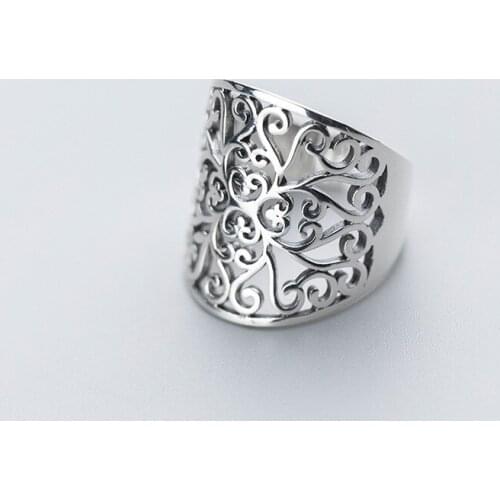 S925 silver ring female marcasite retro pattern wide face fashion index finger ring Openwork carved art wide edition
