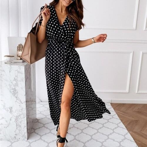 2021 Summer Women Dresses Fashion V-neck Polka Dot Split Dress Short Sleeve Casual Boho Beach Midi Dresses Vestido De Mujer