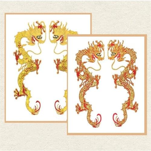 One Pair Large Gold Sequin Dragon Need Iron Embroidery Fabric Dance Performance Applique Patch Accessory Stick Adhesive 38*15CM