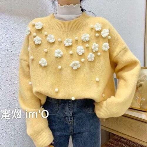 2021 Womens Sweet 3D Flowers Sweater Casual Female Pullovers Lady Jumpers Tops