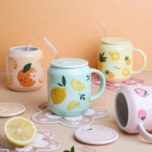 Childrens Cup Strawberry Mug With Straw Ceramic Water Cup Lovely Fruit Summer Straw Coffee Cup Cute Coffee Mugs