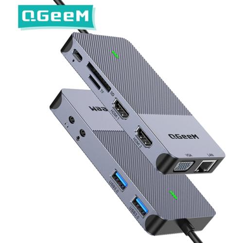 QGeeM USB Hub 3.0 Docking Station Triple Display Dual HDMI VGA USB Adapter Splitter for Xiaomi Laptops USB C Hub PC Accessories