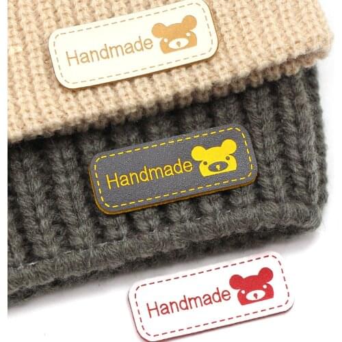 42x17mm Bear Labels Handmade Tags Koala Hand Made Knitting PU Tags For Clothes Sewing Faux Leather Label DIY Hats/Scarf 50Pcs