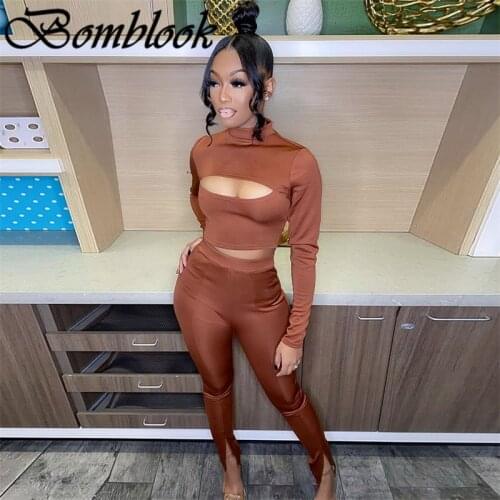 Bomblook Casual Fashion Womens Suit Summer 2021O-neck Solid Long Sleeve Cut Out Tops Flare Pants 2 Piece Sets Femme Streetwears