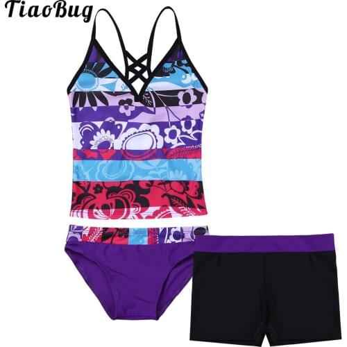 TiaoBug Summer 3Pcs Kids Girls Tankini Swimsuit Floral Printed Beach Suit V-Neck Tops With Bottoms Shorts Briefs Sets Swimwear