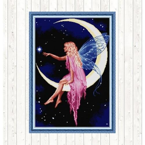 The Moon Fairy 14ct 11ct Count Print Canvas DMC Cotton Thread Printed Canvas Needlework Embroidery DIY Handmade Cross Stitch Set