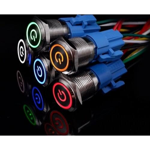 16mm Metal Push Button Switch Power Symbol Lamp Button Waterproof LED Light 12v Self-lock Self-reset Button 1NO1NC 5v 24v 220v