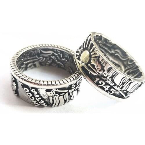 Man Rings Retro Silver 1945 Half Dollar Rings Morgan Silver Dollar Handmade Engraved Rings Dollar Coin Ring Retro Morgan Silver