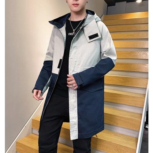 Plus Size 8XL-M Men Patchwork Hooded Trench Coat Mens Autumn Slim Fit Windbreaker Long Jacket Streetwear Casual Fashion Male