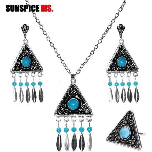 SUNSPICE MS Ethnic 3pcs Jewelry Sets Triangle Drop Earrings Necklace Rings Black Paint Indian Wedding Bijoux Gypsy Pattern 2019